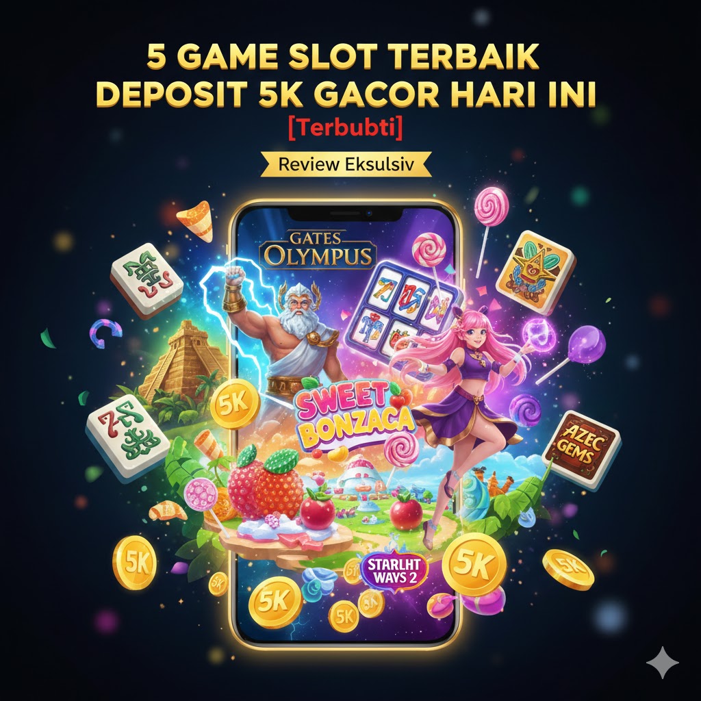 Ilustrasi visual 5 Game Slot Terbaik Deposit 5K Versi Slot Gacor Hari Ini yang menampilkan ikon populer seperti Gates of Olympus, Sweet Bonanza, dan Mahjong Ways di layar ponsel dengan koin emas 5K.